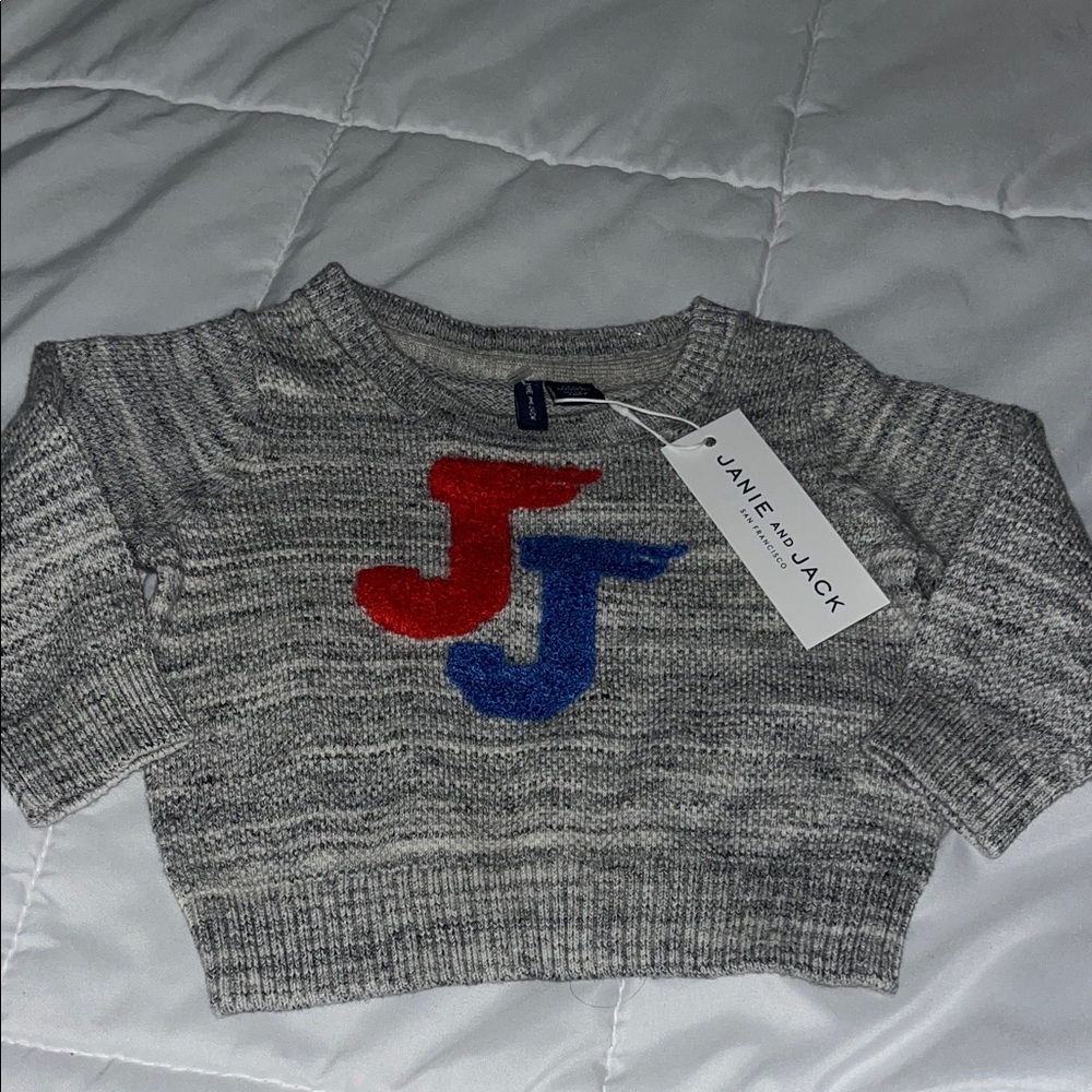 NWT Janie and Jack Gray Marled Knit Sweater with Red & Blue J Appliqués